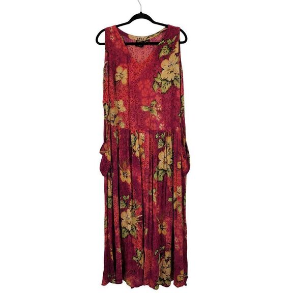 Vtg BILA Womens Pink Floral Crinkle Drop Waist Maxi Dress Sz L Pockets Rayon - Picture 12 of 12